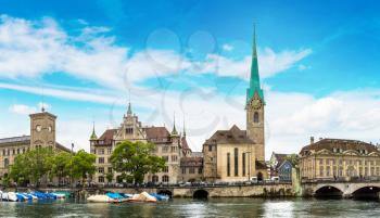 Clock tower of the Fraumunster cathedral in historical part of Zurich in a beautiful summer day, Switzerland