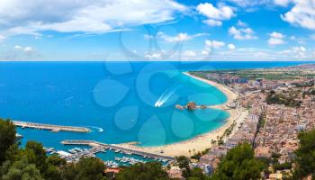 Panoramic aerial view of Blanes in Costa Brava in a beautiful summer day, Spain