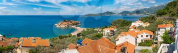 Panorama of Sveti Stefan island in Budva in a beautiful summer day, Montenegro