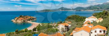 Panorama of Sveti Stefan island in Budva in a beautiful summer day, Montenegro