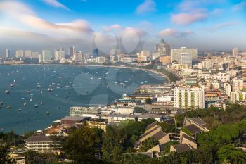 Panoramic aerial view of Pattaya Gulf, Thailand in a summer day