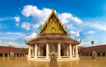 Panorama of Wat Saket temple in Bangkok, Thailand in a summer day