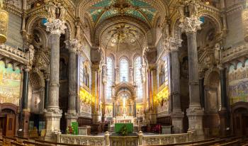 Interior of Basilica of Notre Dame de Fourviere in Lyon, France in a beautiful summer day