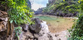 Panorama of Huge cave in Halon bay, Vietnam in a summer day