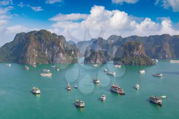 Panoramic aerial view of Halong bay, Vietnam in a summer day