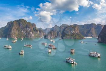 Panoramic aerial view of Halong bay, Vietnam in a summer day