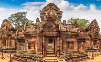 Panorama of Banteay Srei temple in complex Angkor Wat in Siem Reap, Cambodia in a summer day