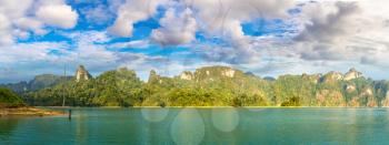 Panorama of Beautiful nature at Cheow Lan lake, Ratchaprapha Dam, Khao Sok National Park in Thailand in a summer day
