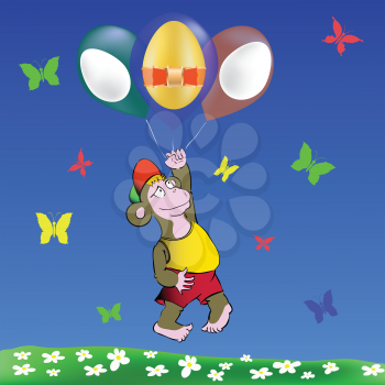 colorful illustration with  monkey and easter eggs balloons  for your design