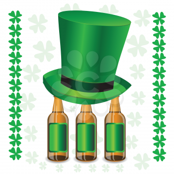 colorful illustration with  bottles of beer and green hat your design