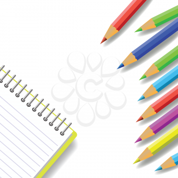 colorful illustration with notebook and pencils  on a white background