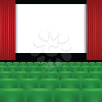 colorful illustration with cinema screen and green seats