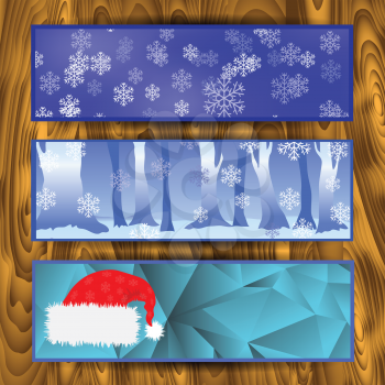 colorful illustration with christmas banners on a wood  background
