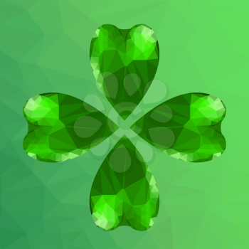 Four- leaf clover - Irish shamrock St Patrick's Day symbol. Useful for your design. Green glass clover. St. Patrick's day green leaf  on green polygonal background.