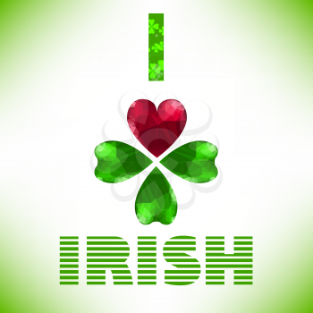 Four- leaf clover - Irish shamrock St Patrick's Day symbol. Useful for your design. Green glass clover  and red heart. St. Patrick's day green leaf isolated on white background.