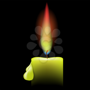 Burning Single Candle on a Black Background. Drops of Wax on the Candle. Bright Flame of a Candle. 