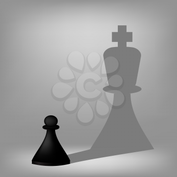 Black Pawn with King Shadow Isolated on Grey Background.