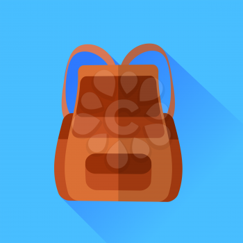 Brown Backpack Isolated on Blue Background. Long Shadow.