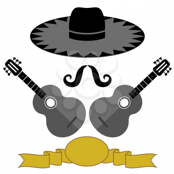 Mexican Guitars Hat Mustache on White Background