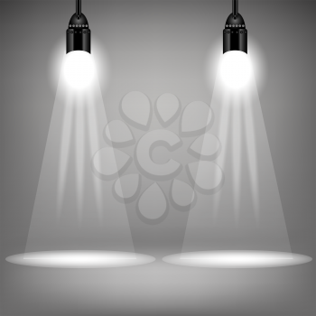 Two Spotlights on Soft Grey Background. Bright Stage with Spot Lights