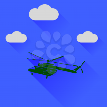 Green Helicopter Silhouette on Blue Sky Background. Long Shadow