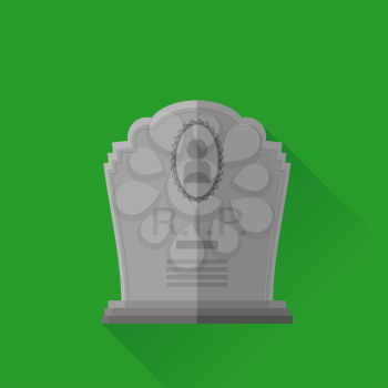 Grey Gravestone Isolated on Green Background. Flat Design. Long Shadow