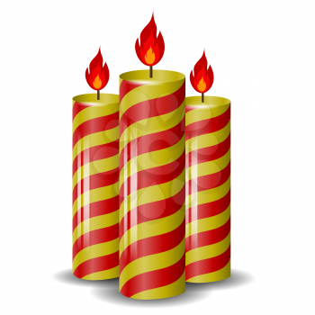 Red Yellow Wax Candles Isolated on White Background. Burning Candles Set.