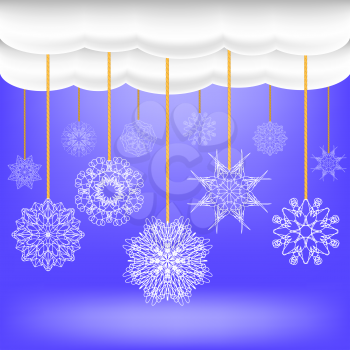 Snowflakes Hang on a Rope. Abstract Winter Snow Background. Abstract Winter Pattern. Blue Snow Flakes Background