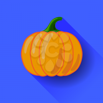 Orange Pumpkin Icon Isolated on Blue Background. Long Shadow. Symbol of Halloween