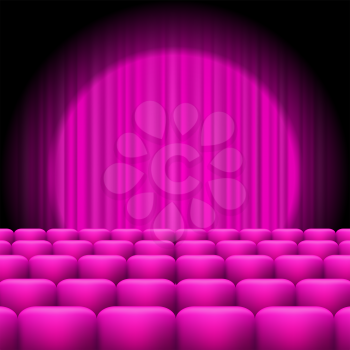 Pink Curtains with Spotlight and Seats. Classic Cinema with Pink Chairs