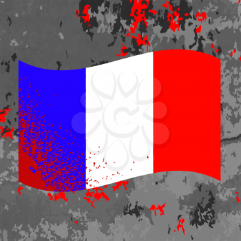 Flag of France and Blood Splatter. Bloody French Flag on Grey Background