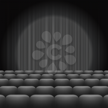 GreyCurtains with Spotlight and Seats. Classic Cinema with Grey Chairs