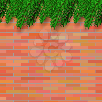 Fir Green Branch  on Orange Brick Background