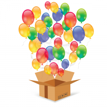 Cardbox and Colorful Balloons Isolated on White Background. Single Open Paper Box
