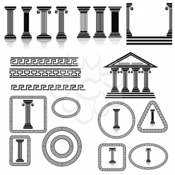 Silhouettes of Columns Isolated on White Background. Collection of Greek Frames and Ornaments.