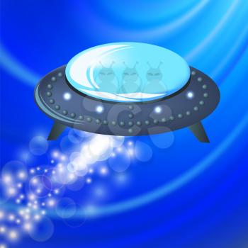 Spaceship is Fluing. UFO Isolated on Blue Polygonal Background.  Aircraft and Visitors Flying on Sky.