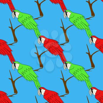 Big Red and Green Parrot Isolated on Blue Background. Bird Pattern
