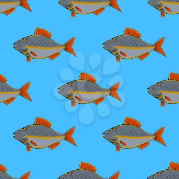 Fresh Fish Isolated on Blue Background. Seamless Fish Pattern