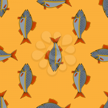Fresh Fish Isolated on Orange Background. Seamless Fish Pattern