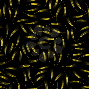 Yellow Wheat Seamless Pattern on Dark Background. Organic Natural Cereal Spikes