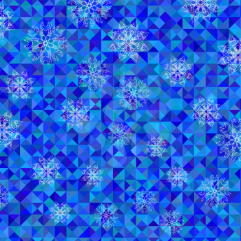 White Snowflake Pattern on Blue. Christmas Symmetric Triangle Background