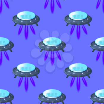 Spaceship Seamless Pattern on Blue. Spacecraft Background. Aliens Fly on Flying Saucer