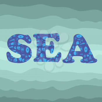 Sea Shell Silhouette Decorative Letters Sea on Azure. Ocean Background