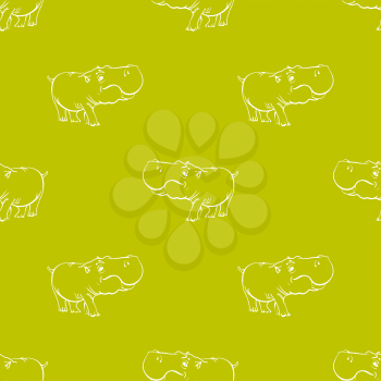 Hippopotamus Seamless Drawing Pattern on Yellow. Animal Cartoon Background