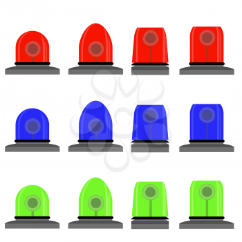Set of Colorful Siren Isolated on White Background. Red, Blue, Green Lights. Police and Emergency Flashes. Rotating Beacon Flasher Icons