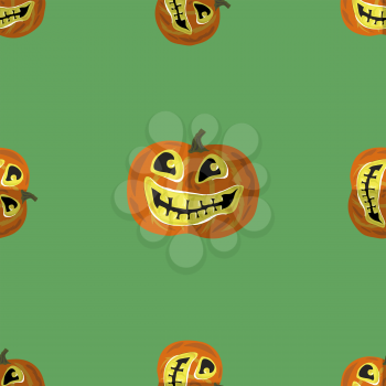Halloween Smiling Pumpkin Seamless Pattern on Green