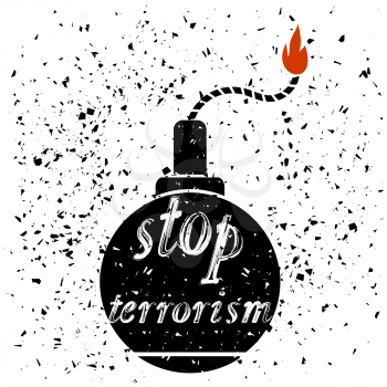 Bomb Icon Typography Design and Lettering on Particles Grunge Background. Stop Terrorism Banner.