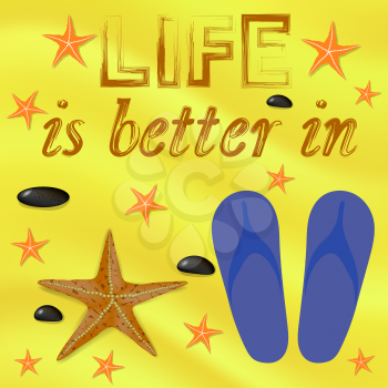 Summer Poster on Yellow Sand Background. Starfish and Sea Stones and Blue Slippers on Beach. Positive Quote about Summer Time.