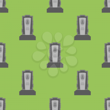 Gravestone Seamless Pattern on Green Background. Grey Stone Monuments on Halloween Cemetery. Grave Template.