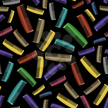 Colorful Plastic Combs  Seamless Pattern on Black. Barber Supplies Background.